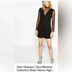 Sheer dress by Zara ,SMALL .Black ,mesh ,lace ,mock neck,deep V Neck  with mesh.
